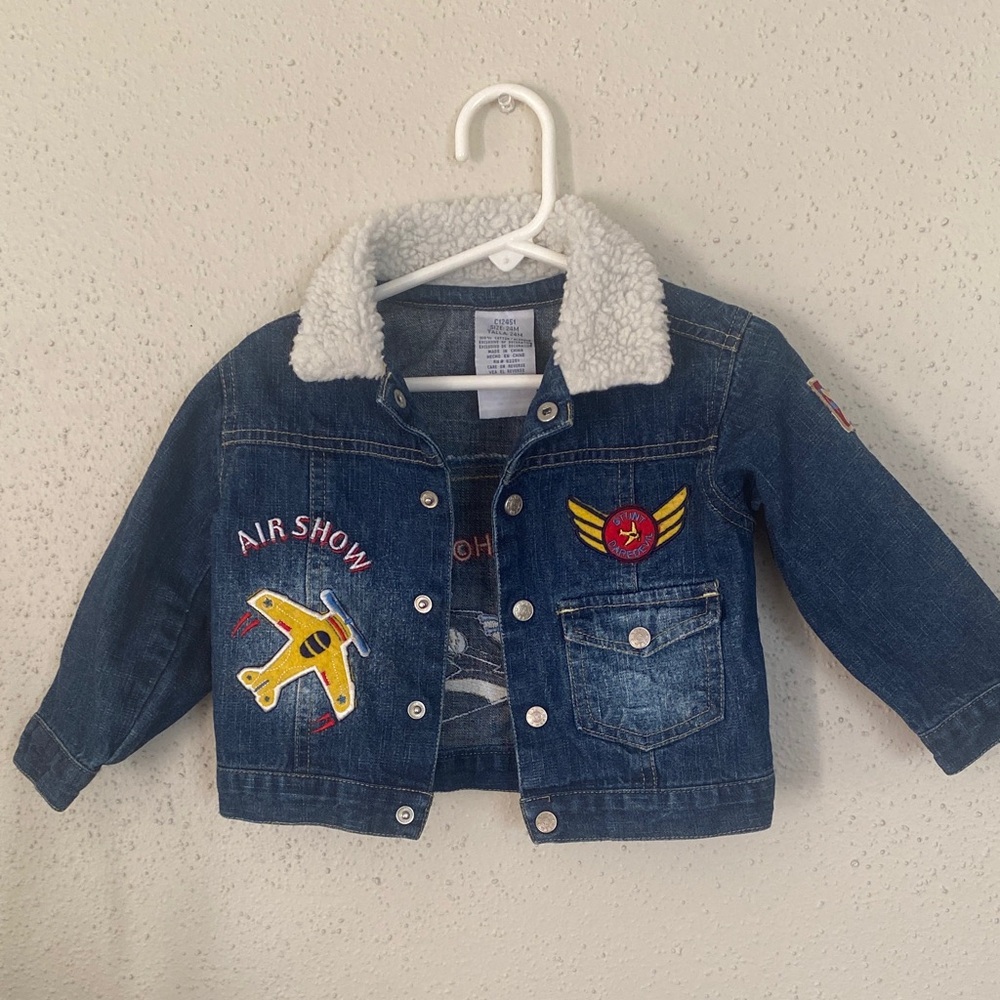 Toddler Denim Jacket & Jeans Set • 24M • Airplane Patches • Sherpa Collar